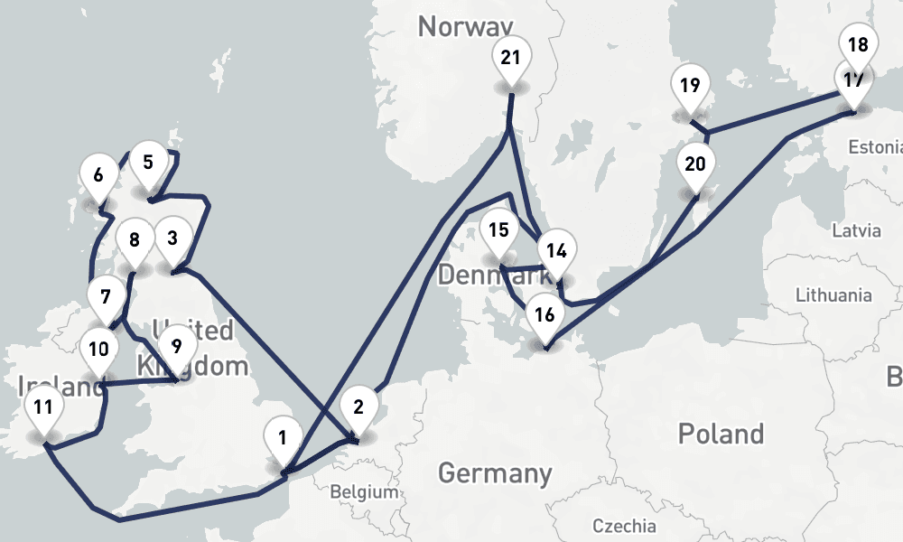 28 days, round-trip British Isles Scandinavian Capitals Ireland 29日間