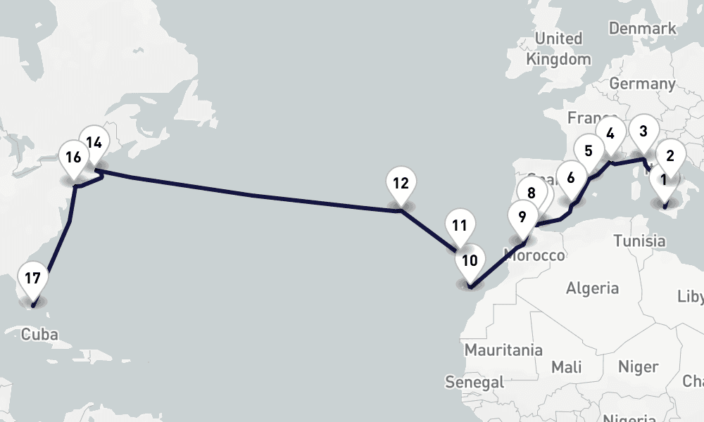 26 days, one-way from Palermo to Miami 27日間