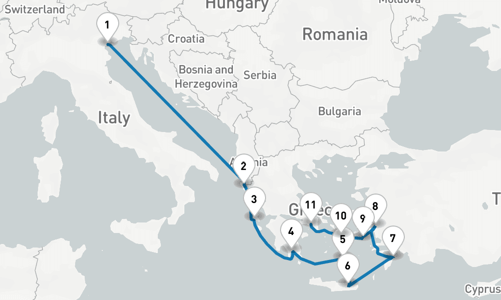 11 days, one-way from Venice to Piraeus-Athens 12日間