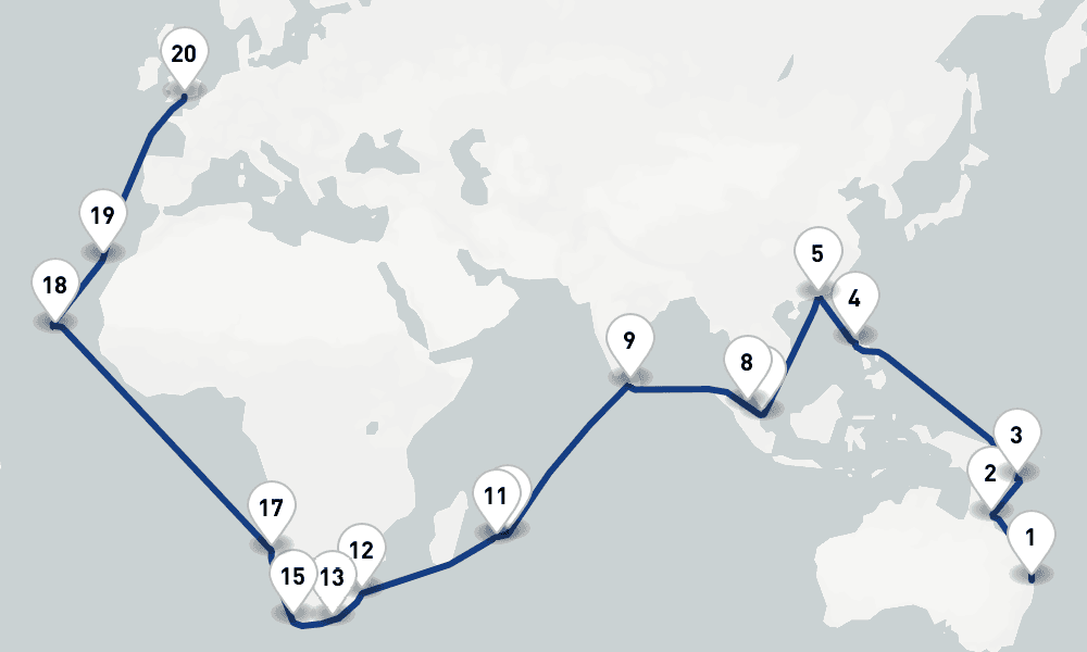 58 days, one-way from Brisbane to Southampton 59日間