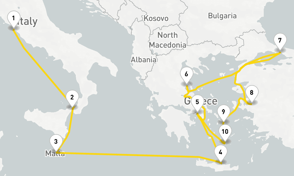 12 days, one-way from Civitavecchia-Rome to Piraeus-Athens 13日間