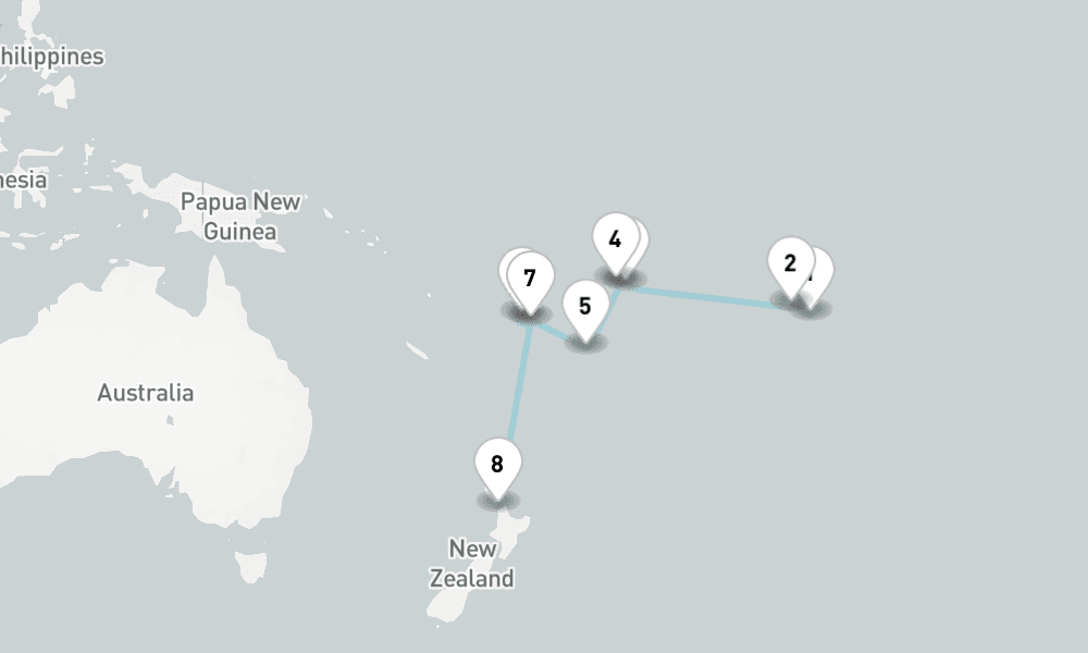 15 nights / 16 days, one-way from Papeete (Tahiti Island, French Polynesia) to Auckland