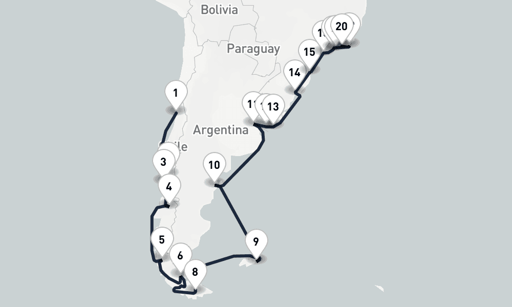 33 days, one-way from Valparaiso-Santiago to Rio de Janeiro 34日間