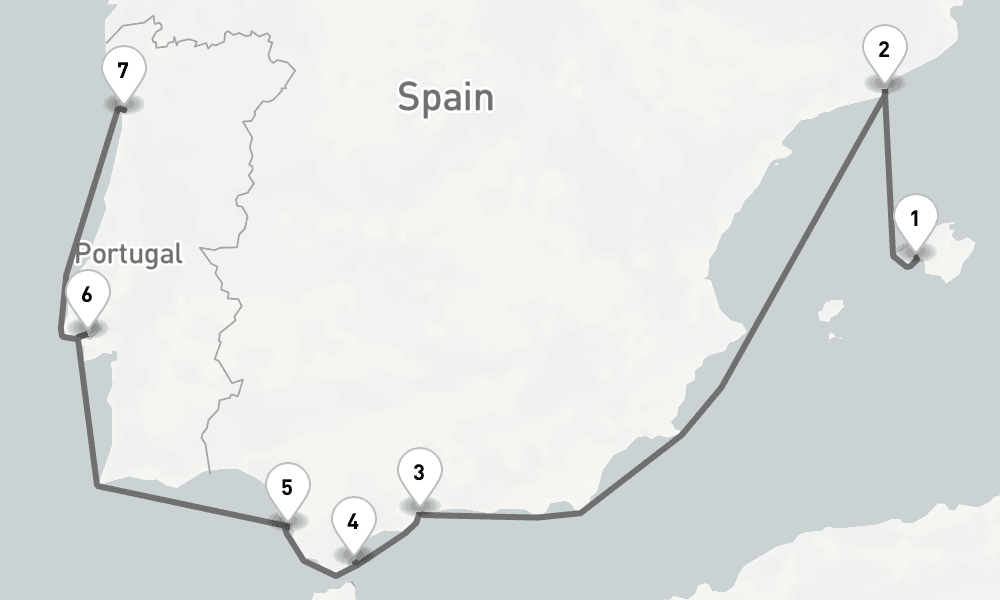 9 days, one-way from Palma de Mallorca to Porto-Leixoes 10日間