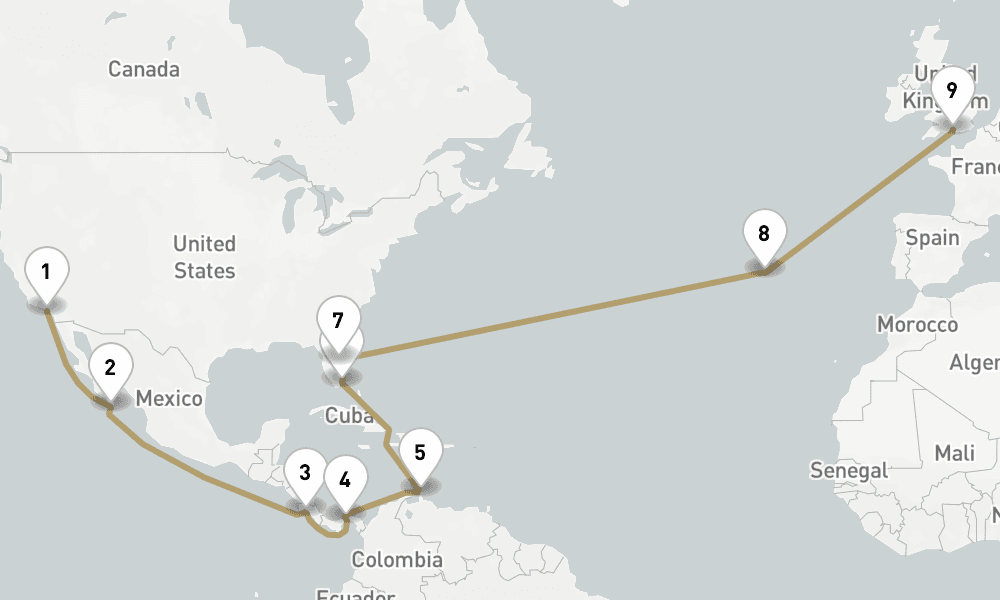 26 days, one-way from Los Angeles to Southampton 27日間