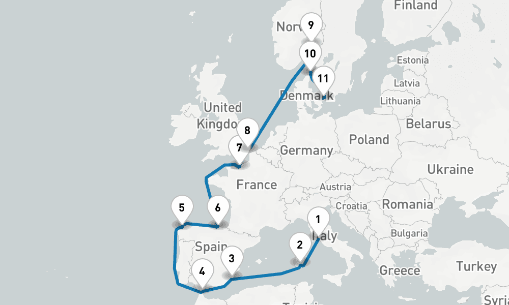 14 days, one-way from Civitavecchia-Rome to Copenhagen 15日間