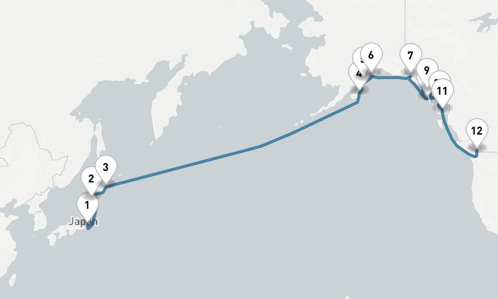 18 days, one-way from Tokyo to Vancouver 19日間