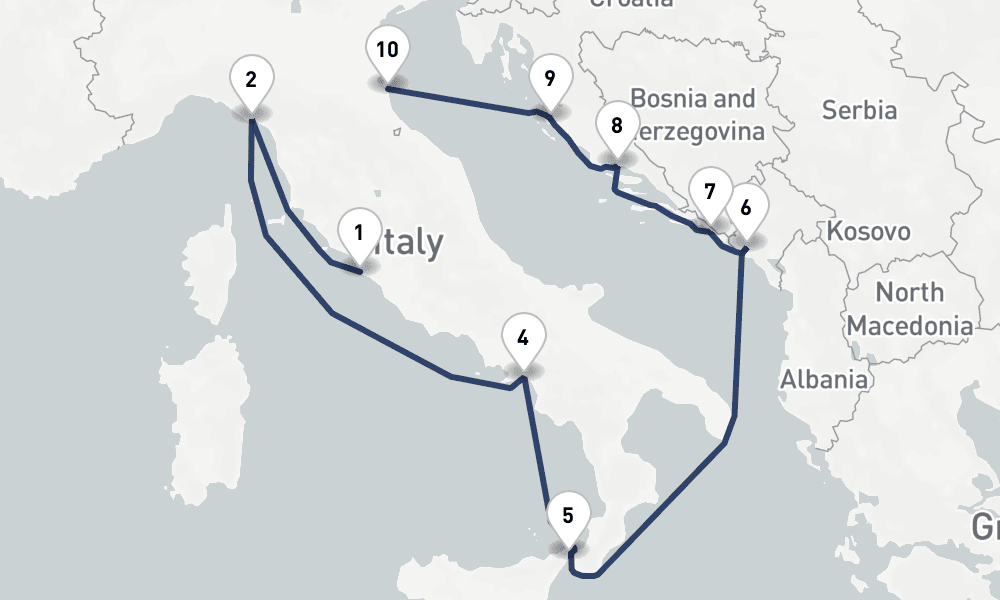 11 days, one-way from Civitavecchia-Rome to Ravenna 12日間