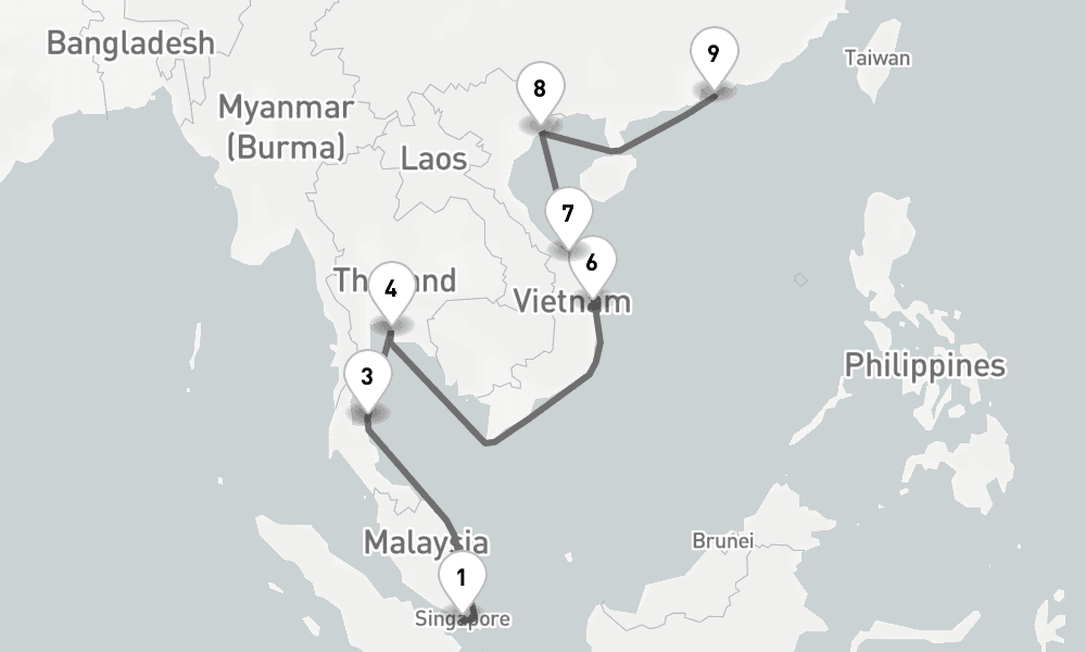 14 days, one-way from Singapore to Hong Kong 15日間
