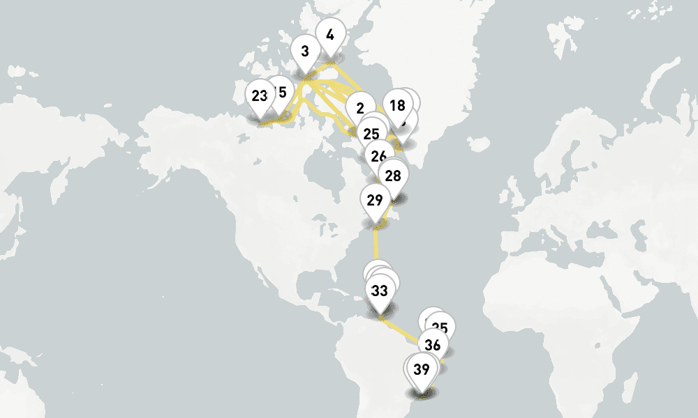 68 days, one-way from Kangerlussuaq to Rio de Janeiro 69日間