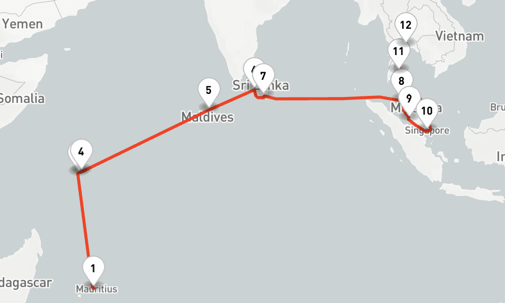 22 nights / 23 days, one-way from Port Louis (Mauritius Island) to Laem Chabang (Bangkok, Thailand)