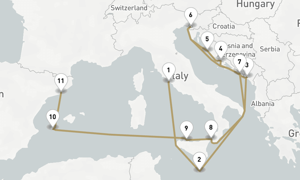 14 days, one-way from Civitavecchia-Rome to Barcelona 15日間