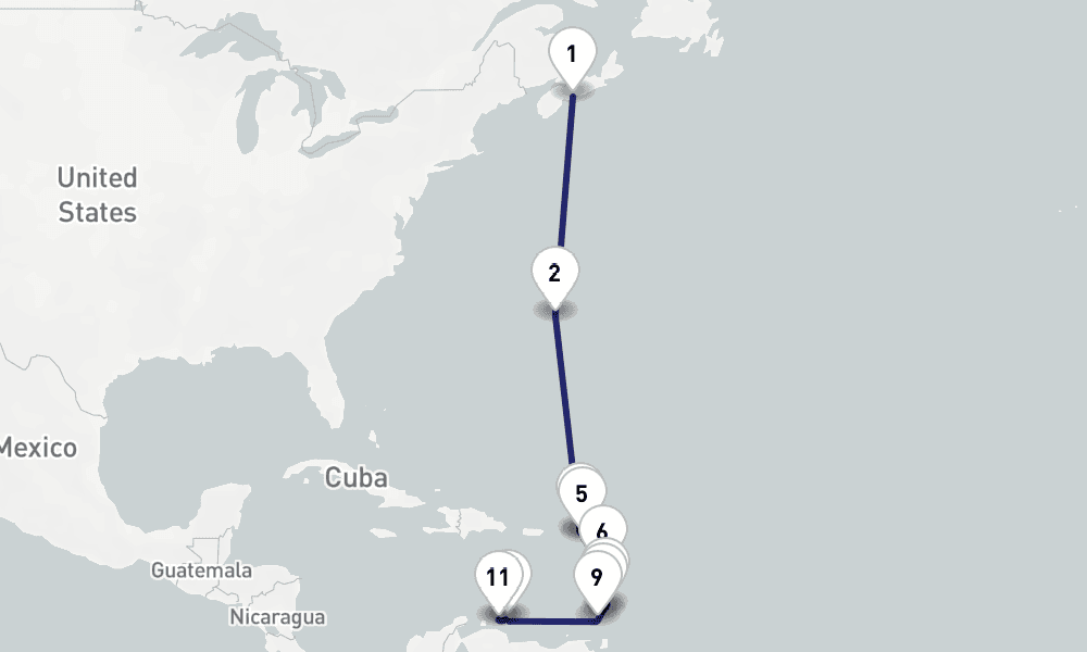 16 days, one-way from Halifax to Willemstad Curacao 17日間