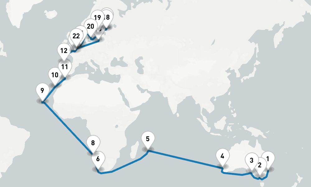55 days, one-way from Sydney to Dover 56日間