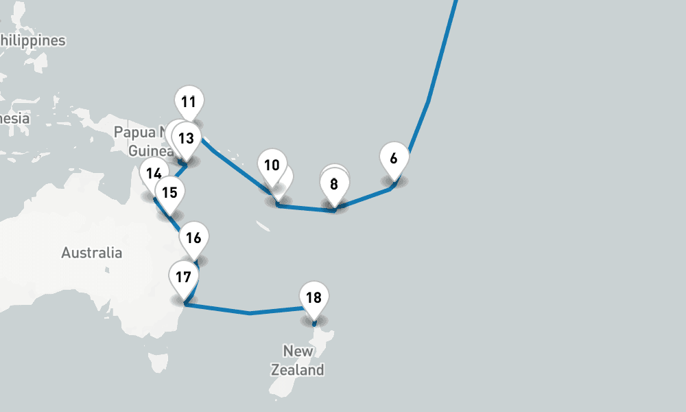 41 days, one-way from Los Angeles to Auckland 42日間