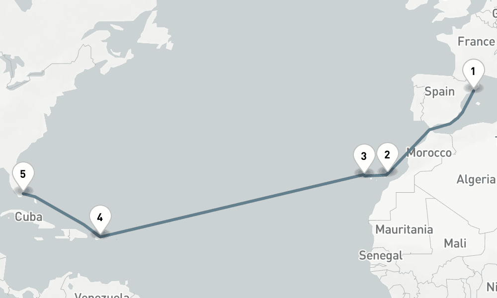 14 days, one-way from Barcelona to Miami 15日間