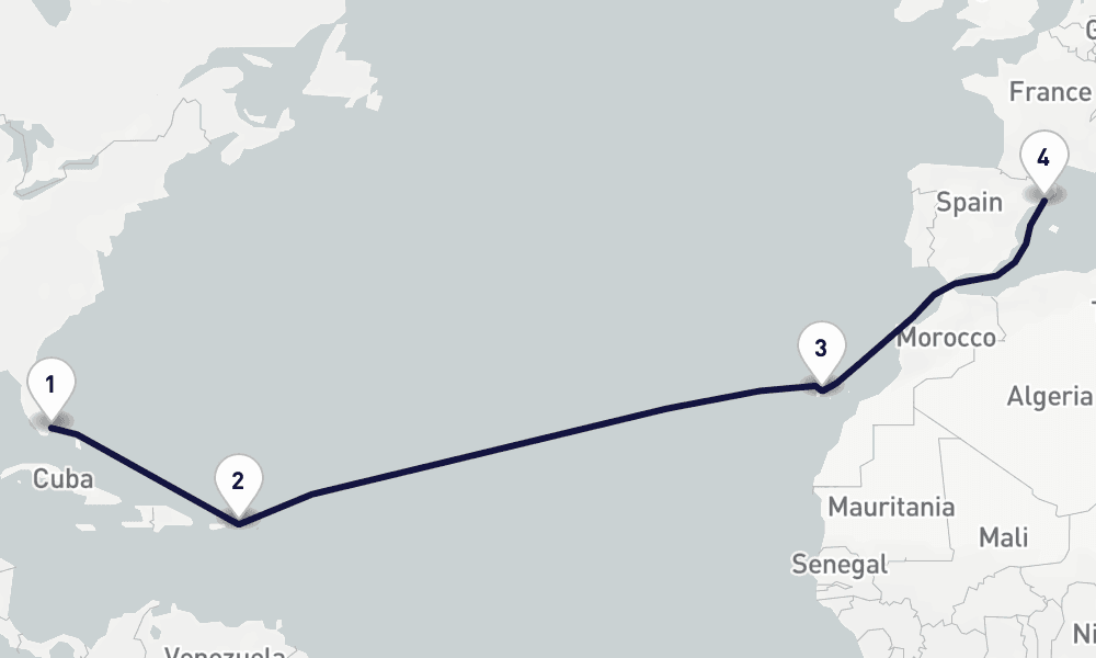 13 days, one-way from Miami to Barcelona 14日間
