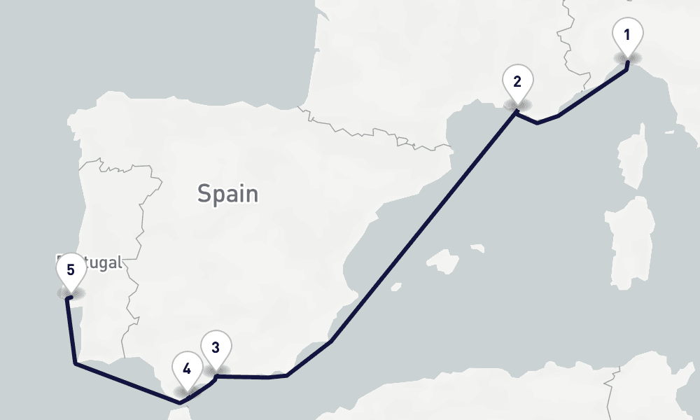 5 days, one-way from Genoa to Lisbon 6日間