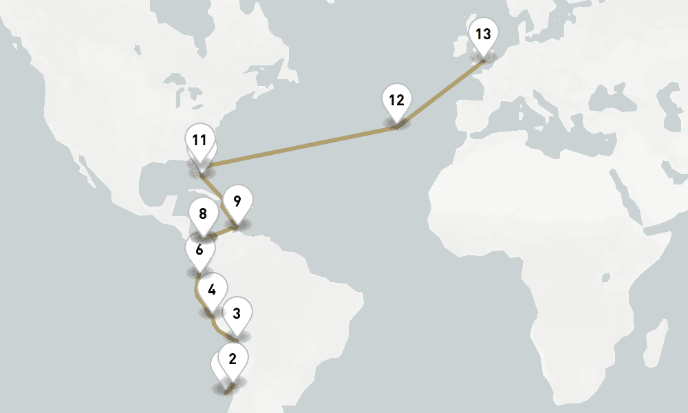33 days, one-way from San Antonio to Southampton 34日間
