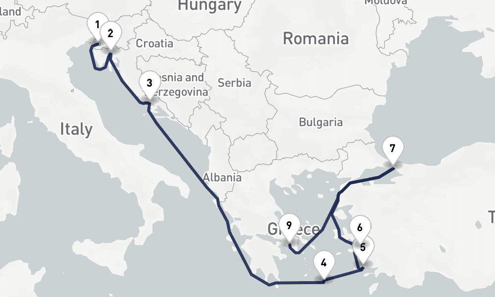 10 days, one-way from Trieste to Piraeus-Athens 11日間