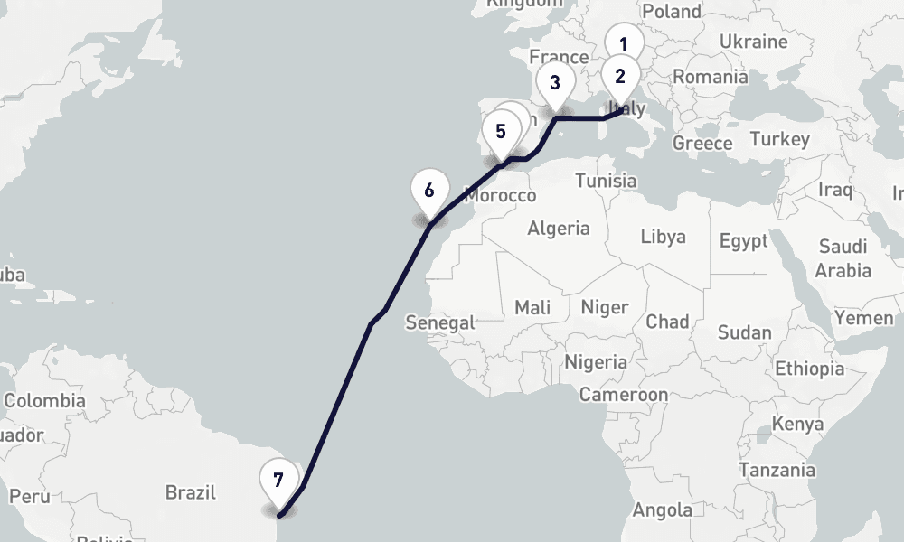 17 days, one-way from Venice to Salvador de Bahia 18日間