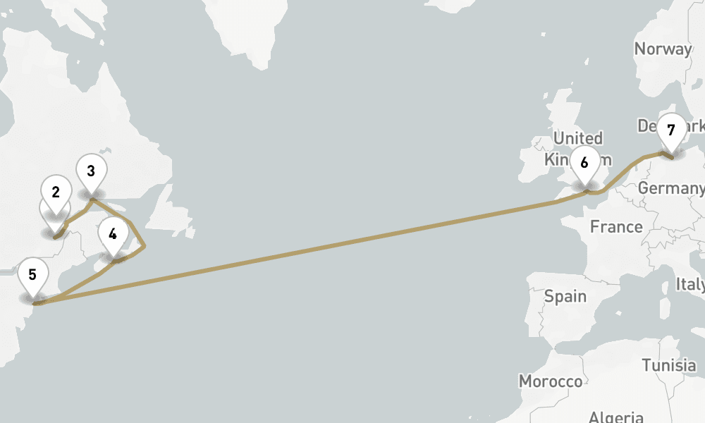 16 days, one-way from Quebec City to Hamburg 17日間