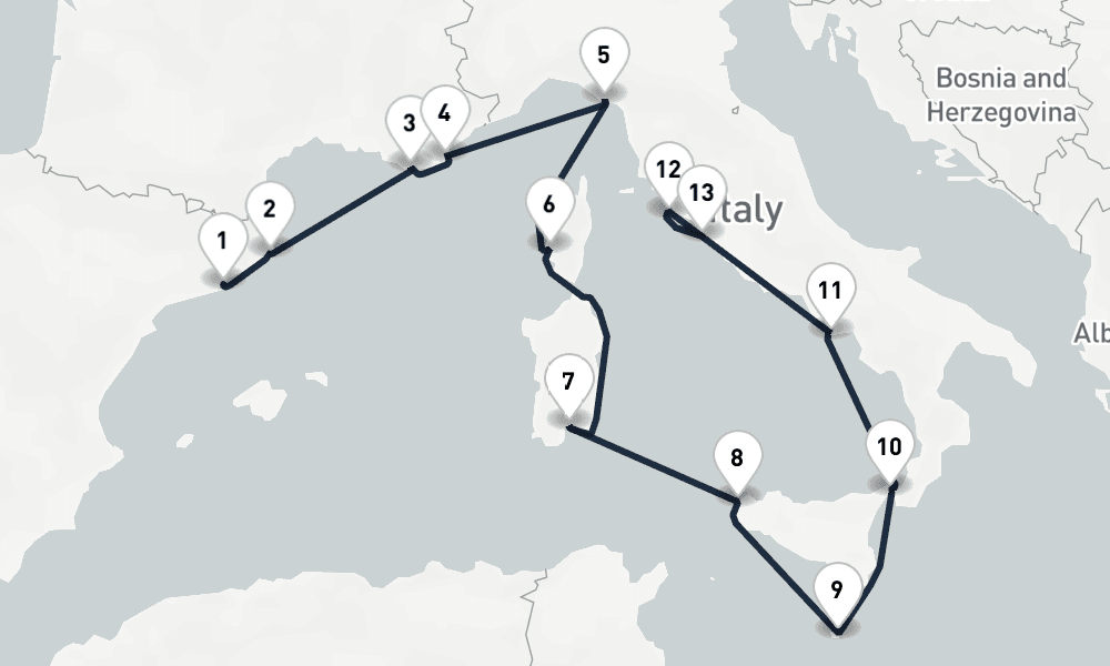 12 days, one-way from Barcelona to Civitavecchia-Rome 13日間