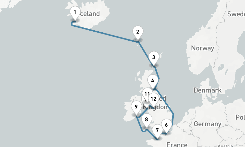 13 days, one-way from Reykjavik to Liverpool 14日間
