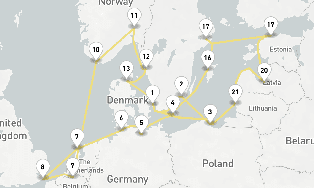 25 days, round-trip Baltic, Kiel Canal Dover 26日間