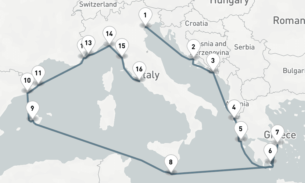 18 days, one-way from Venice to Civitavecchia-Rome 19日間