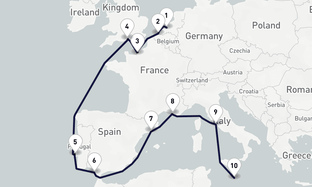 13 days, one-way from Rotterdam to Valletta 14日間