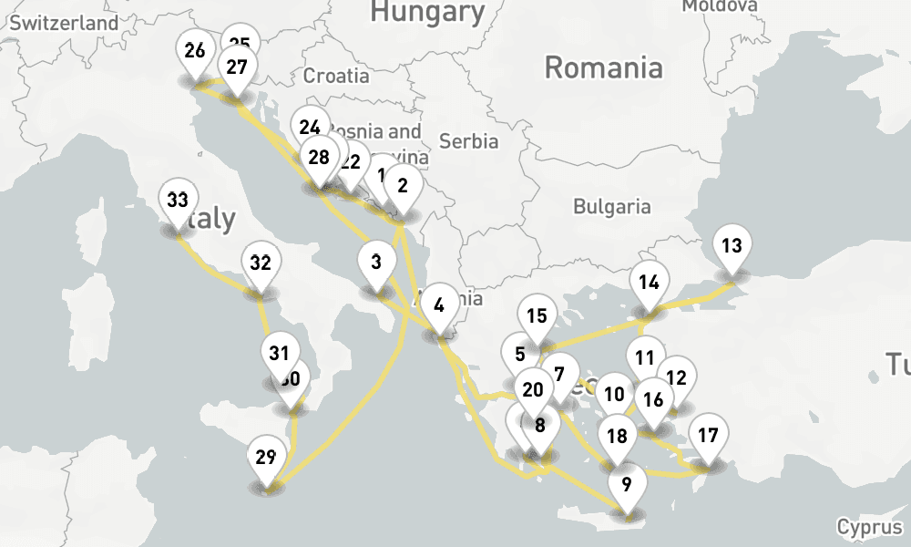 37 days, one-way from Dubrovnik to Civitavecchia-Rome 38日間