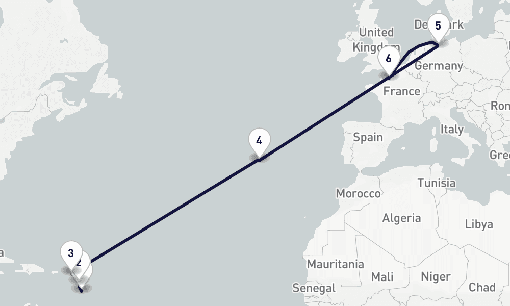 15 days, one-way from Fort-de-France to Le Havre-Paris 16日間