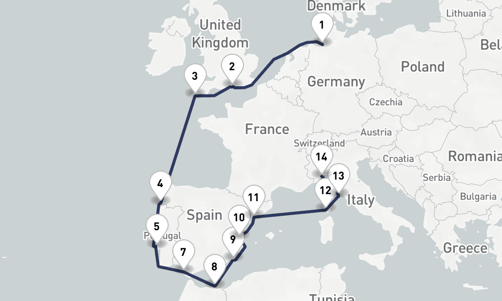 16 days, one-way from Bremerhaven to Savona 17日間