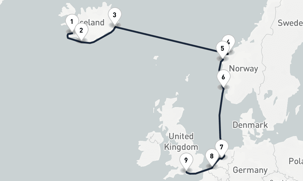 10 days, one-way from Reykjavik to Southampton 11日間