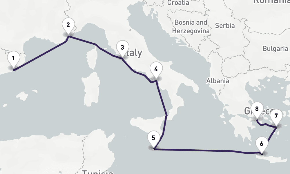 10 days, one-way from Barcelona to Piraeus-Athens 11日間
