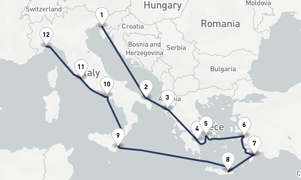 14 days, one-way from Trieste to Savona 15日間