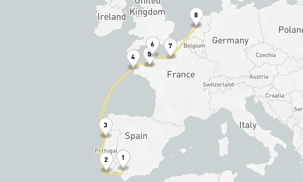 10 days, one-way from Seville to Amsterdam 11日間