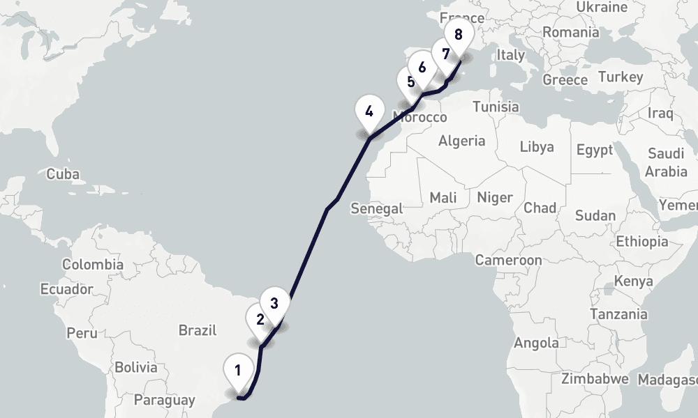 15 days, one-way from Rio de Janeiro to Barcelona 16日間