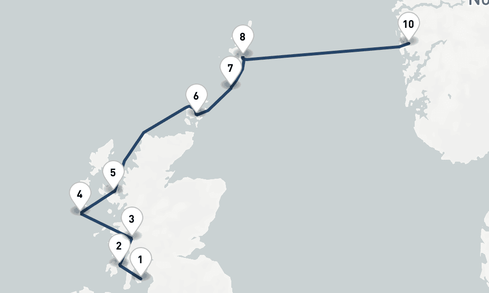 11 days, one-way from Troon UK to Bergen 12日間