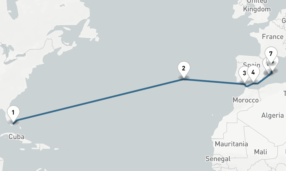 15 days, one-way from Miami to Barcelona 16日間
