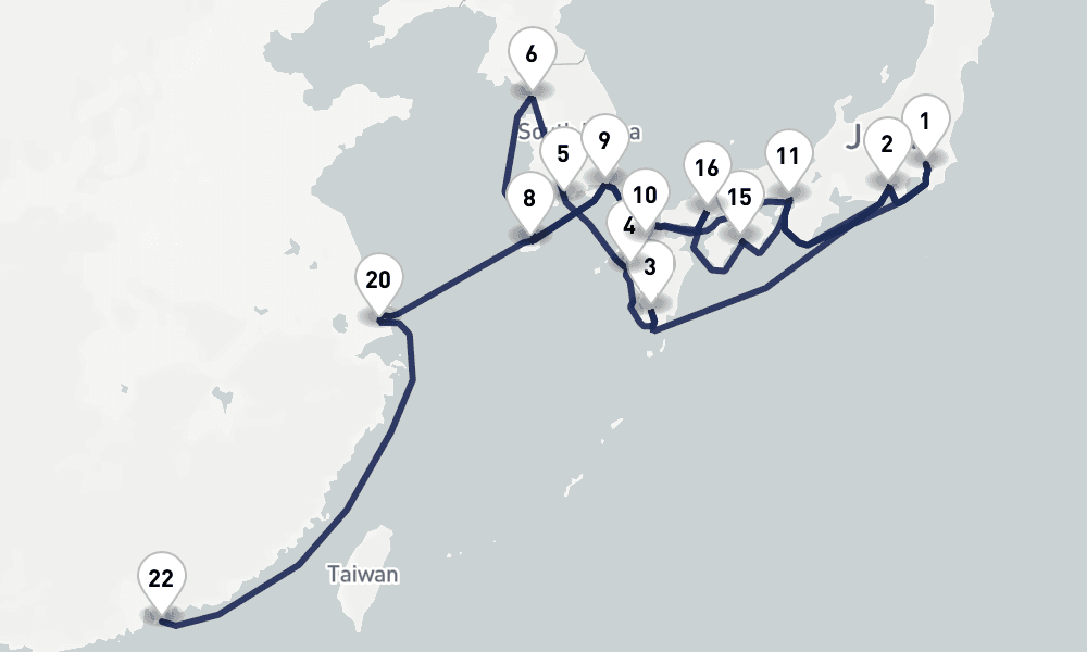 29 days, one-way from Tokyo to Hong Kong 30日間