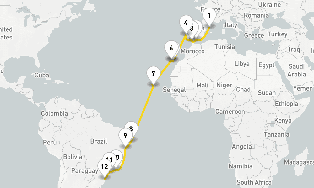 22 days, one-way from Barcelona to Itajai 23日間