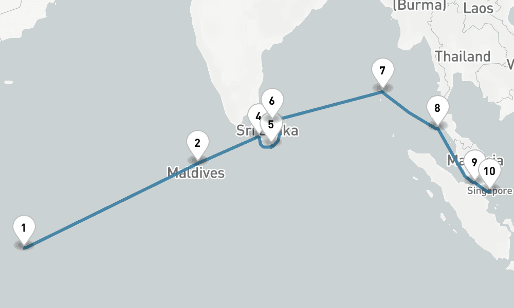 16 days, one-way from Mahe Island Seychelles to Singapore 17日間