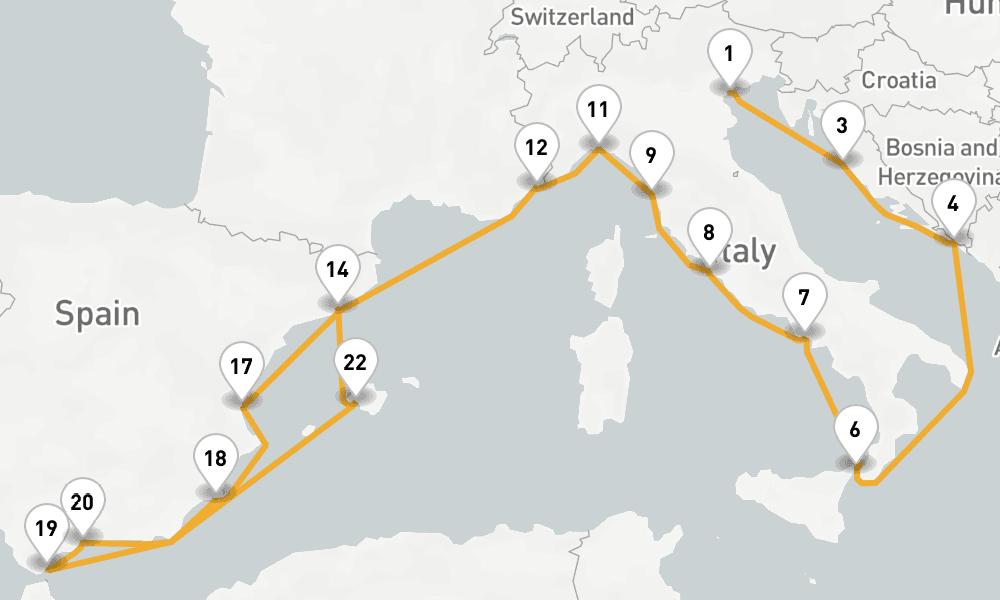 24 days, one-way from Venice to Barcelona 25日間