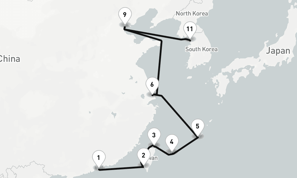 15 days, one-way from Hong Kong to Incheon 16日間