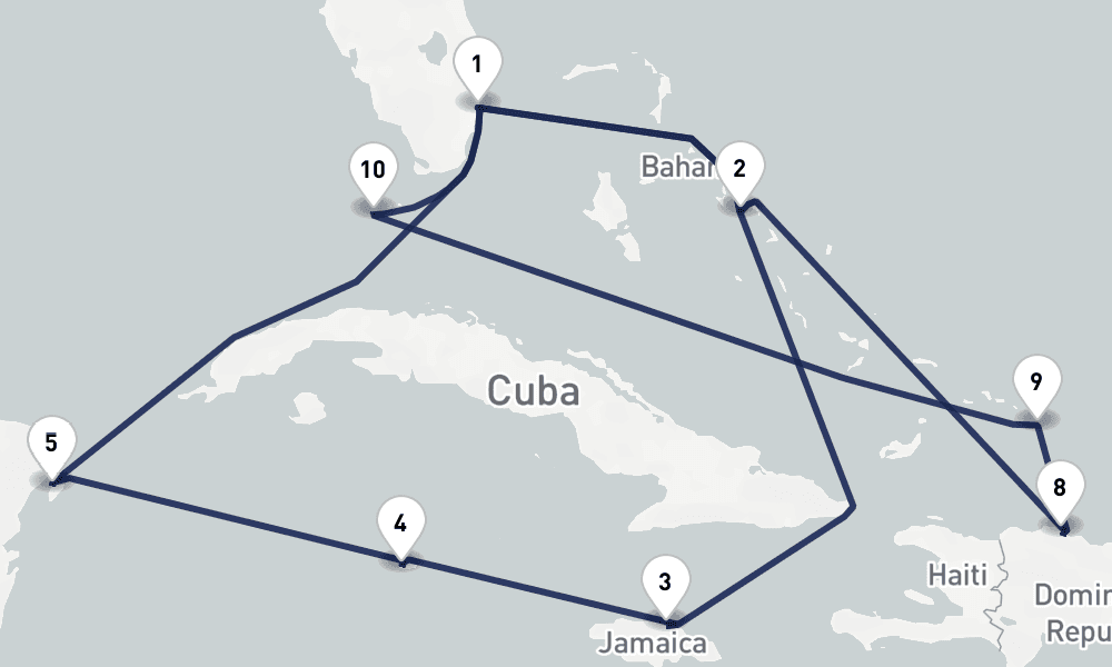 14 days, round-trip Western Eastern Caribbean Mexico Bahamas 15日間
