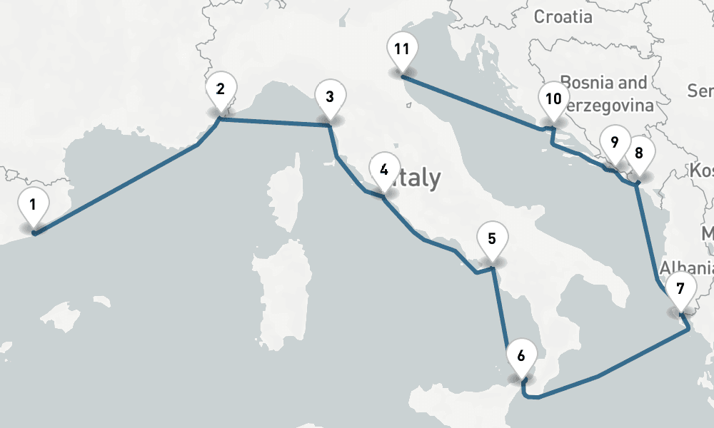 10 days, one-way from Barcelona to Ravenna 11日間
