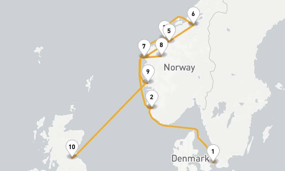 10 days, one-way from Copenhagen to Leith-Edinburgh 11日間