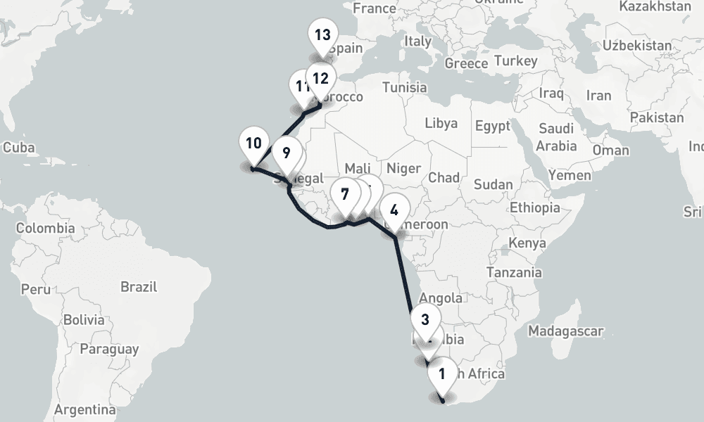 24 days, one-way from Cape Town to Lisbon 25日間